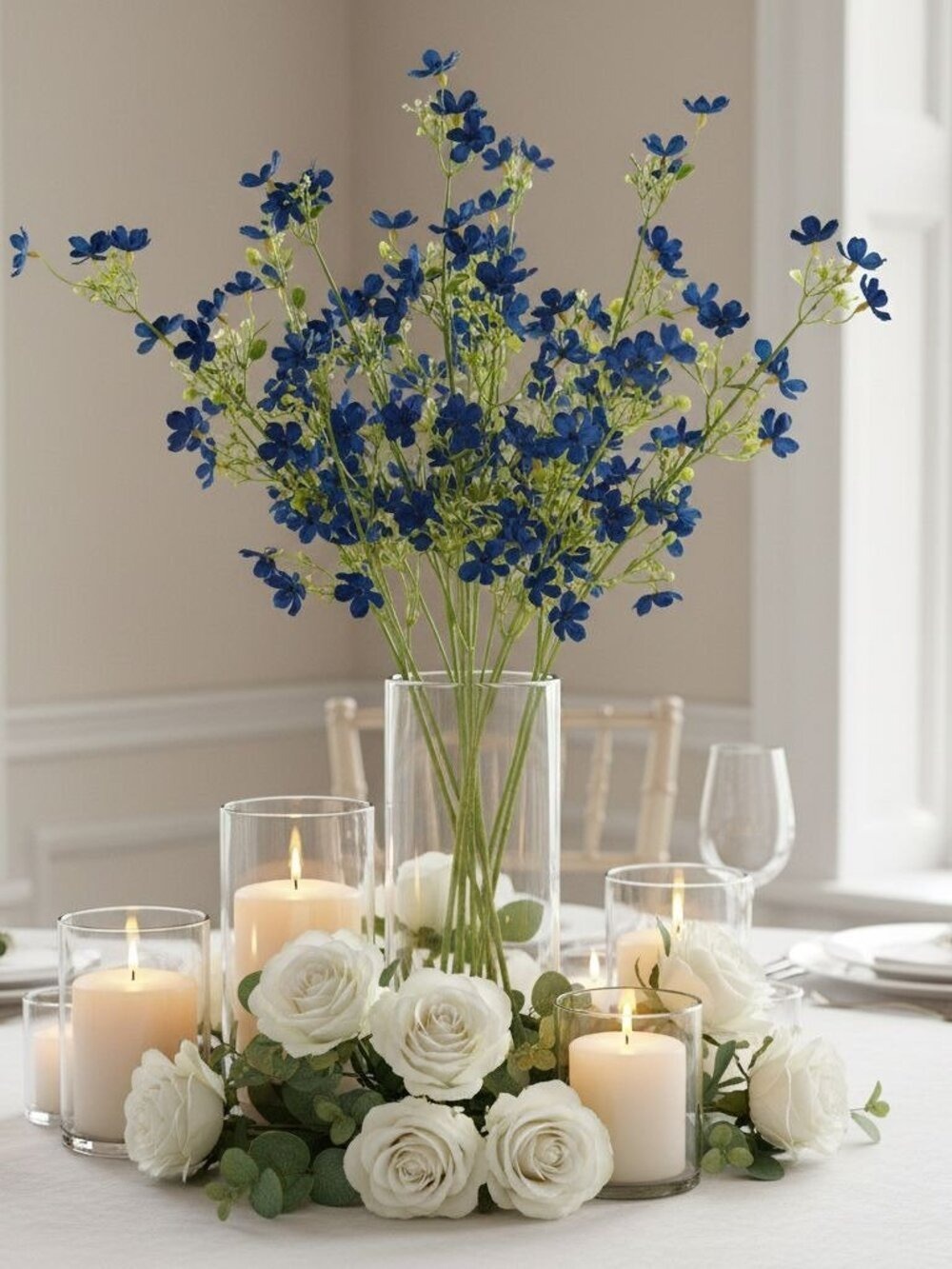 Cobalt Blue Dogwood Stems Faux Wax Flower Blue Floral Bold Decor Vase Filler 24 - Picture 8 of 12